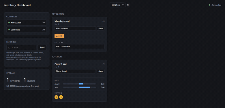 BlinkPose.Periphery dashboard showing keyboards and joysticks with live axes and buttons